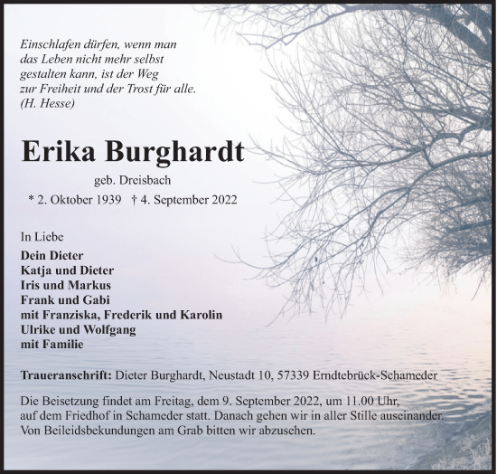 Traueranzeige von Erika Burghardt von Siegener Zeitung