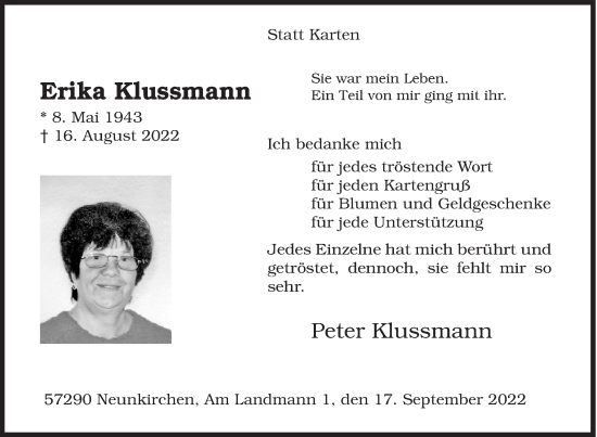 Traueranzeige von Erika Klussmann von Siegener Zeitung