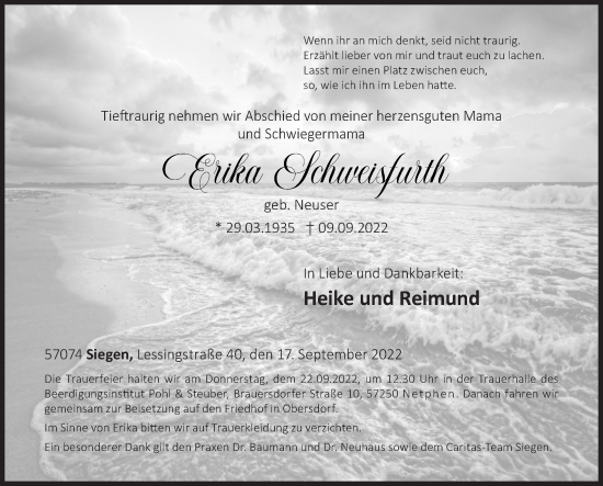 Traueranzeige von Erika Schweisfurth von Siegener Zeitung