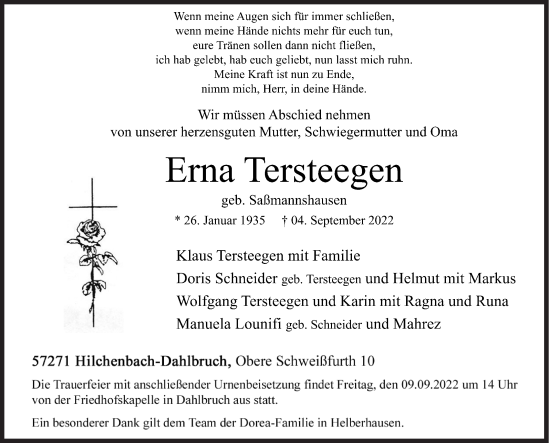Traueranzeige von Erna Tersteegen von Siegener Zeitung