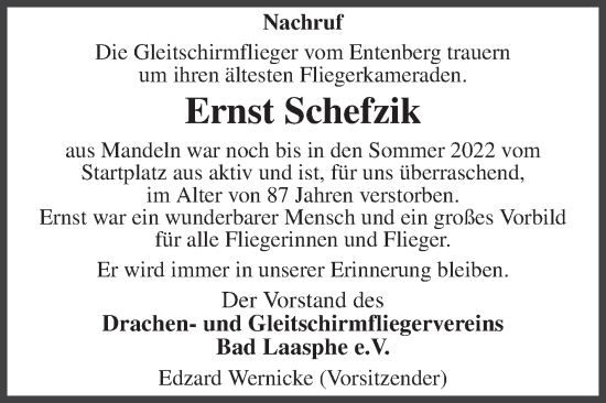 Traueranzeige von Ernst Schefzik von Siegener Zeitung