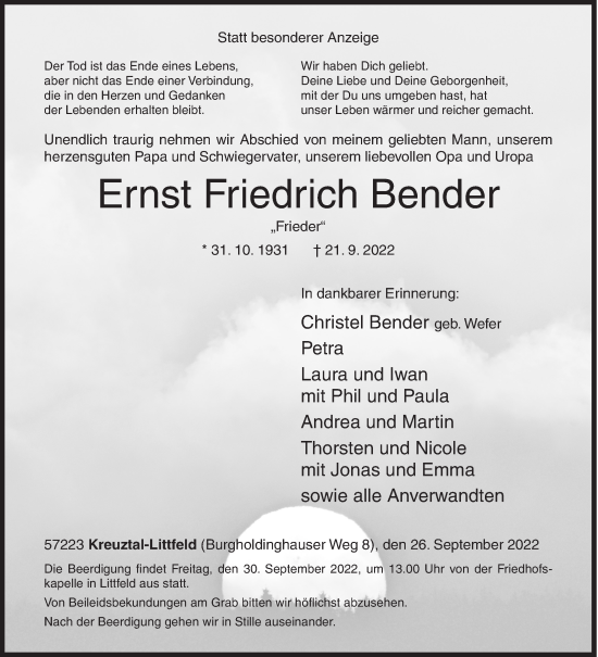Traueranzeige von Ernst Friedrich Bender von Siegener Zeitung