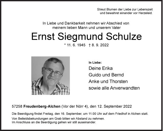 Traueranzeige von Ernst Siegmund Schulze von Siegener Zeitung