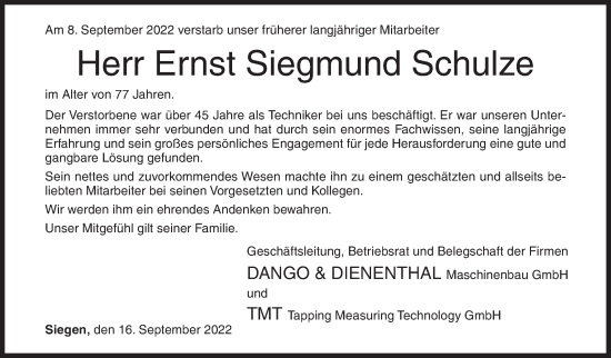 Traueranzeige von Ernst Siegmund Schulze von Siegener Zeitung