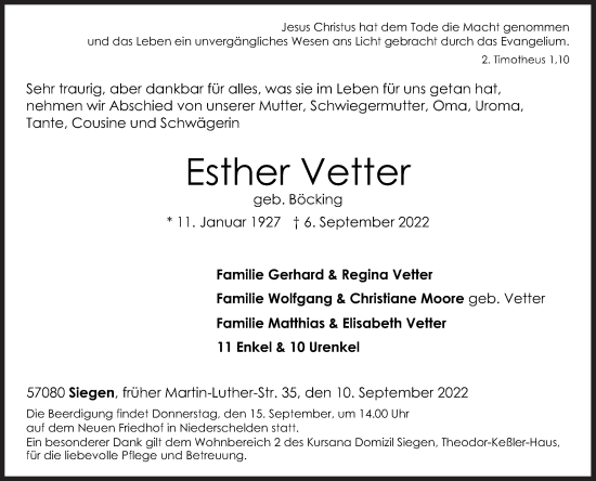Traueranzeige von Esther Vetter von Siegener Zeitung
