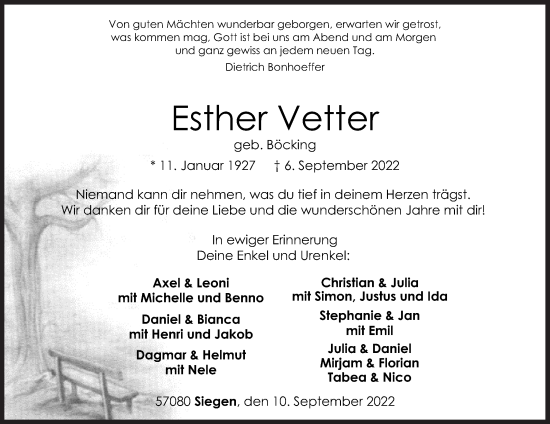 Traueranzeige von Esther Vetter von Siegener Zeitung