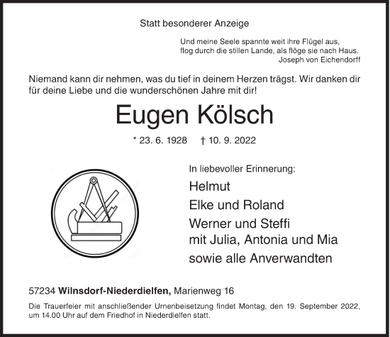 Traueranzeige von Eugen Kölsch von Siegener Zeitung