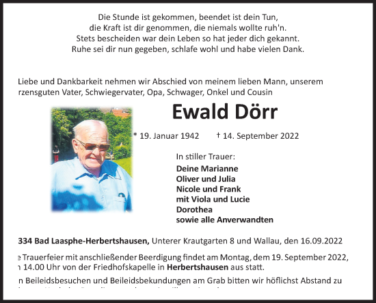 Traueranzeige von Ewald Dörr von Siegener Zeitung