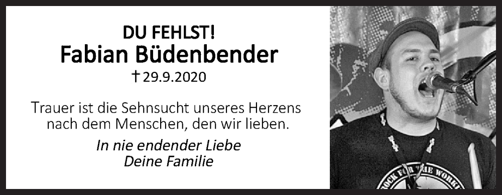  Traueranzeige für Fabian Büdenbender vom 29.09.2022 aus Siegener Zeitung