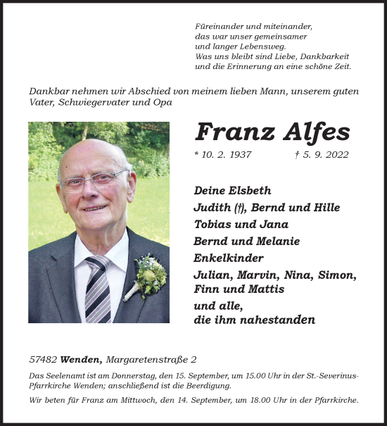 Traueranzeige von Franz Alfes von Siegener Zeitung
