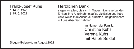 Traueranzeige von Franz-Josef Kuhs von Siegener Zeitung