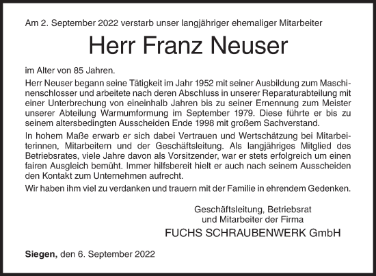 Traueranzeige von Franz Neuser von Siegener Zeitung