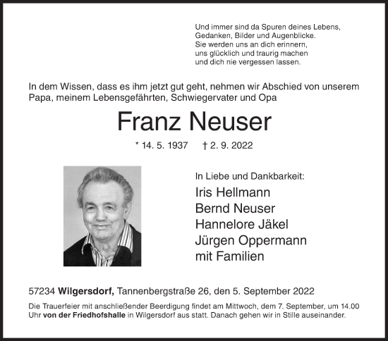 Traueranzeige von Franz Neuser von Siegener Zeitung