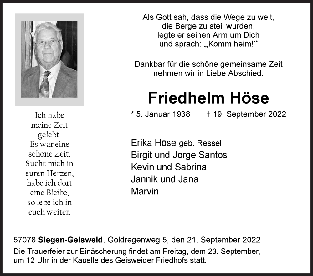  Traueranzeige für Friedhelm Höse vom 21.09.2022 aus Siegener Zeitung