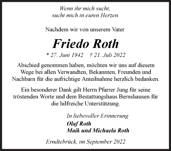 Traueranzeige von Friedo Roth von Siegener Zeitung