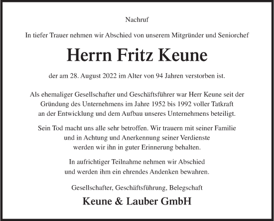 Traueranzeige von Fritz Keune von Siegener Zeitung