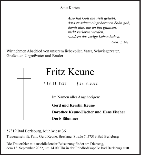Traueranzeige von Fritz Keune von Siegener Zeitung