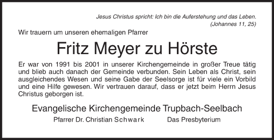 Traueranzeige von Fritz  Meyer zu Hörste von Siegener Zeitung
