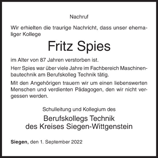 Traueranzeige von Fritz Spies von Siegener Zeitung