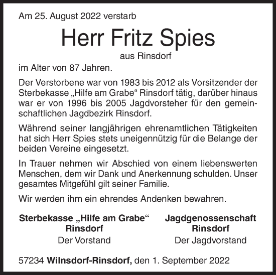 Traueranzeige von Fritz Spies von Siegener Zeitung