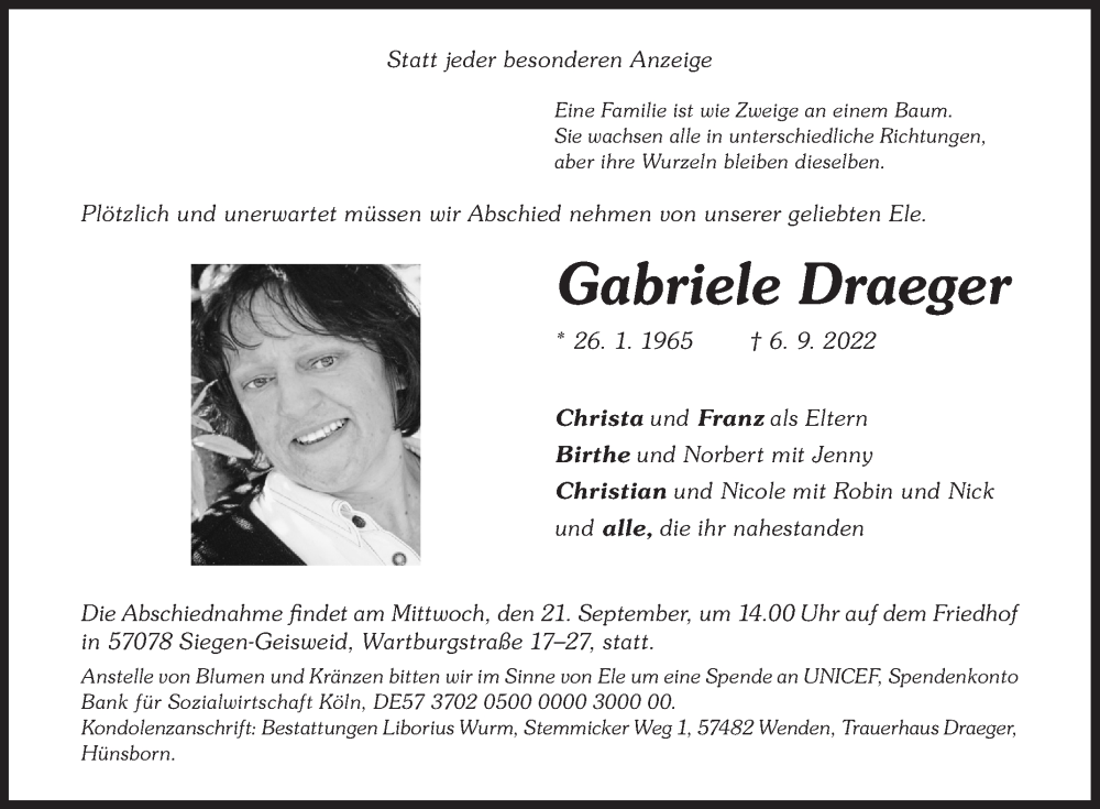  Traueranzeige für Gabriele Draeger vom 14.09.2022 aus Siegener Zeitung
