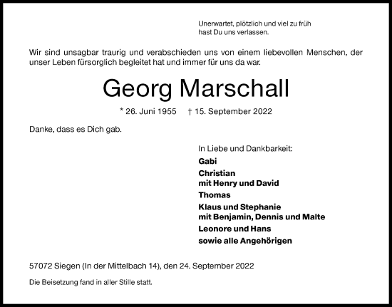 Traueranzeige von Georg Marschall von Siegener Zeitung
