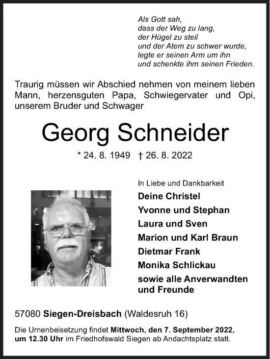 Traueranzeige von Georg Schneider von Siegener Zeitung