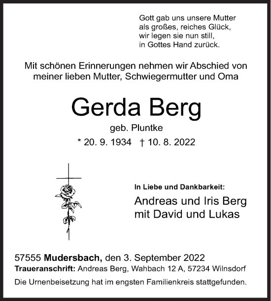Traueranzeige von Gerda Berg von Siegener Zeitung