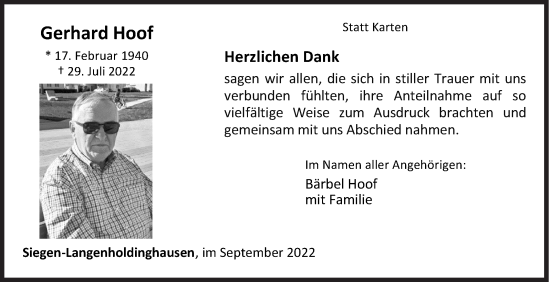 Traueranzeige von Gerhard Hoof von Siegener Zeitung