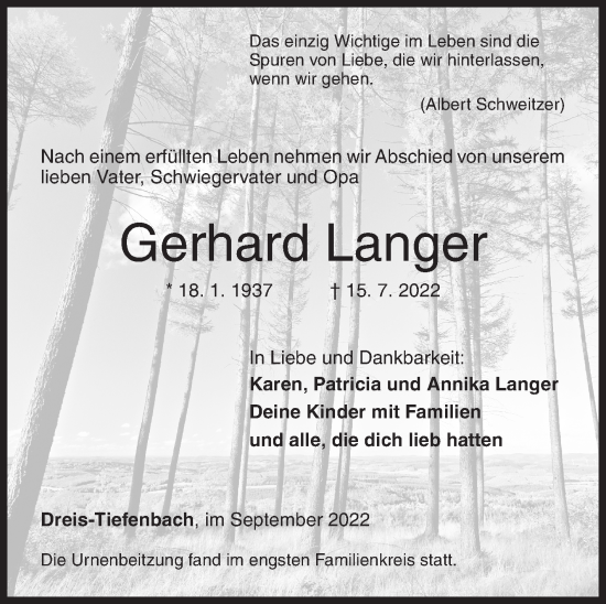 Traueranzeige von Gerhard Langer von Siegener Zeitung