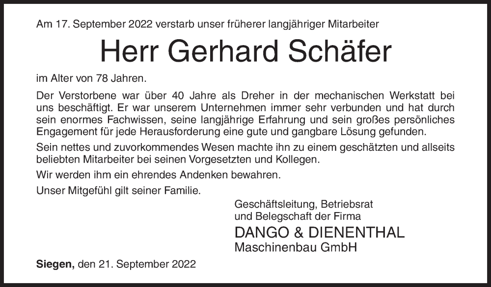  Traueranzeige für Gerhard Schäfer vom 21.09.2022 aus Siegener Zeitung
