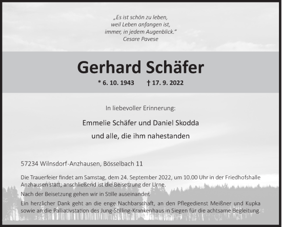 Traueranzeige von Gerhard Schäfer von Siegener Zeitung