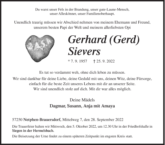 Traueranzeige von Gerhard Sievers von Siegener Zeitung