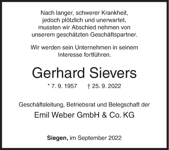 Traueranzeige von Gerhard Sievers von Siegener Zeitung