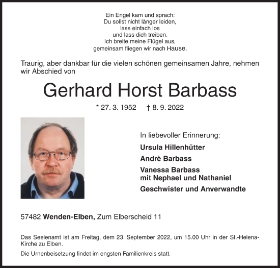 Traueranzeige von Gerhard Horst Barbass von Siegener Zeitung