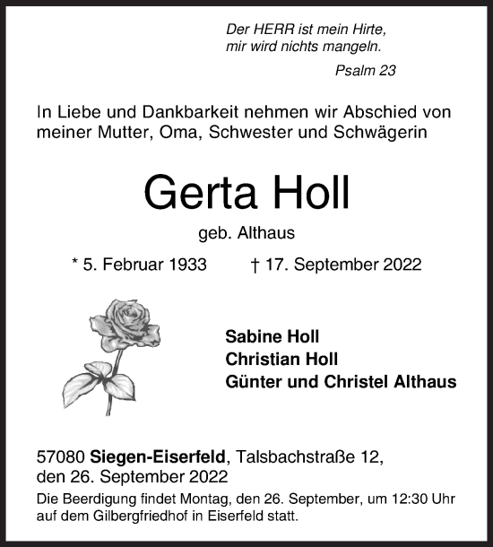 Traueranzeige von Gerta Holl von Siegener Zeitung