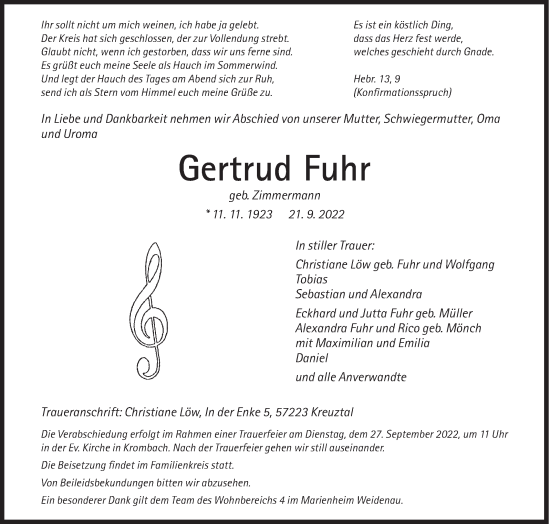Traueranzeige von Gertrud Fuhr von Siegener Zeitung