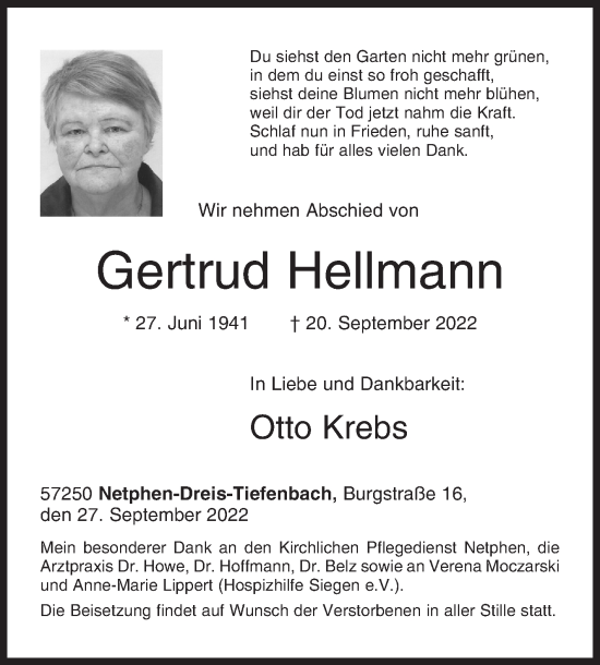 Traueranzeige von Gertrud Hellmann von Siegener Zeitung