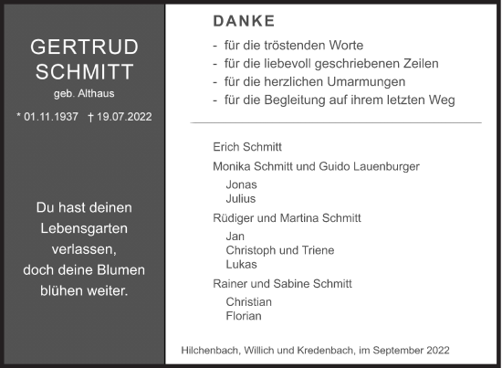 Traueranzeige von Gertrud Schmitt von Siegener Zeitung