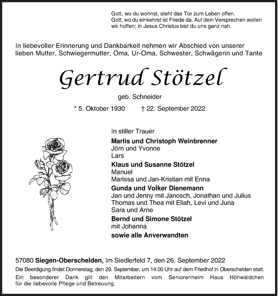  Traueranzeige für Gertrud Stötzel vom 26.09.2022 aus Siegener Zeitung