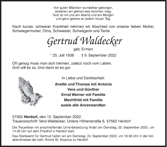 Traueranzeige von Gertrud Waldecker von Siegener Zeitung
