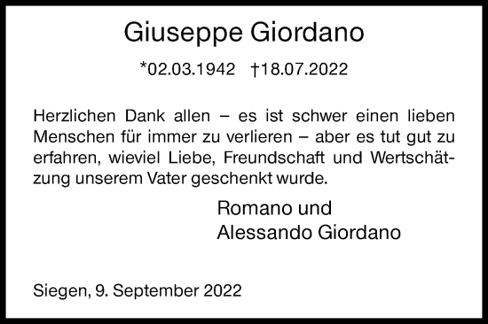 Traueranzeige von Giuseppe Giordano von Siegener Zeitung
