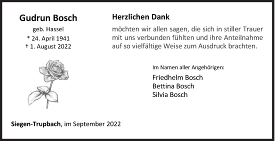 Traueranzeige von Gudrun Bosch von Siegener Zeitung
