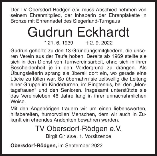 Traueranzeige von Gudrun Eckhardt von Siegener Zeitung