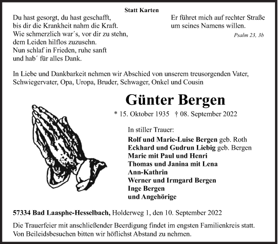 Traueranzeige von Günter Bergen von Siegener Zeitung