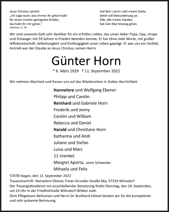 Traueranzeige von Günter Horn von Siegener Zeitung