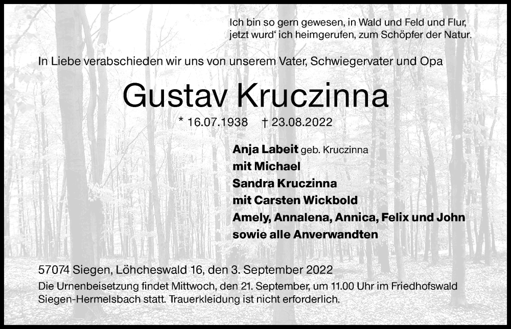  Traueranzeige für Gustav Kruczinna vom 03.09.2022 aus Siegener Zeitung
