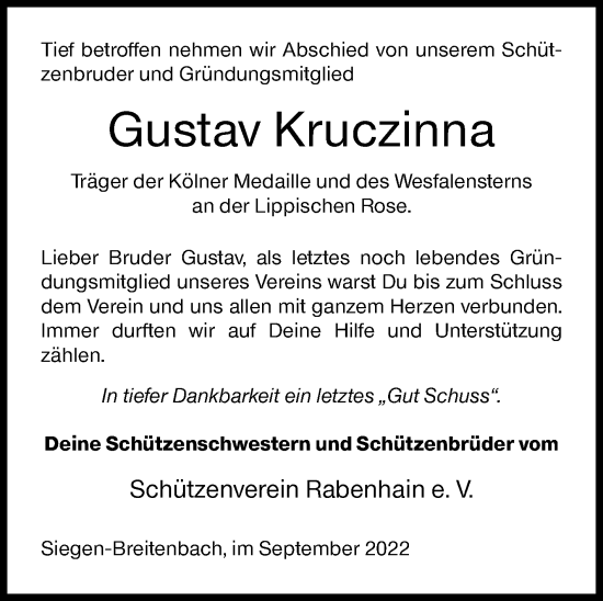 Traueranzeige von Gustav Kruczinna von Siegener Zeitung