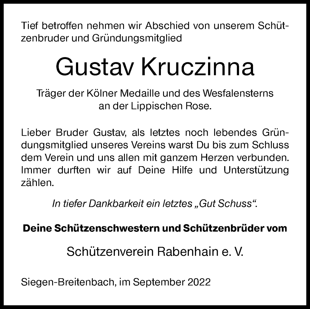  Traueranzeige für Gustav Kruczinna vom 10.09.2022 aus Siegener Zeitung