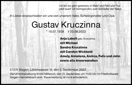 Traueranzeige von Gustav Kruczinna von Siegener Zeitung